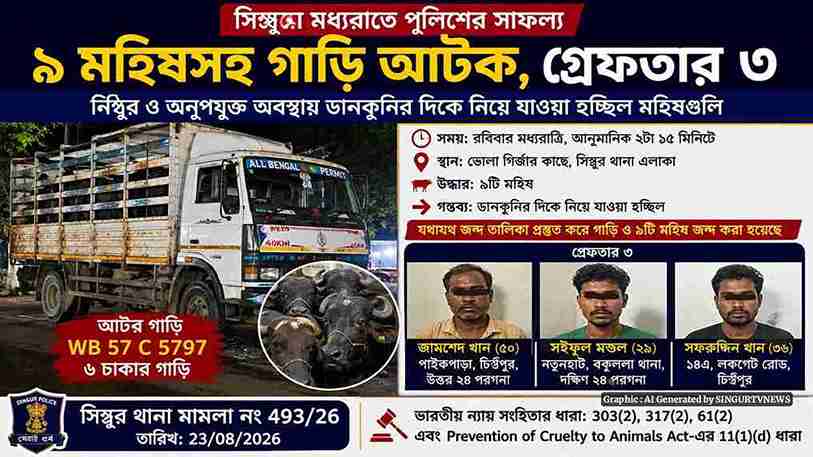 সিঙ্গুরে ৯ মহিষবোঝাই গাড়ি আটক, গ্রেফতার ৩ | মধ্যরাতে পুলিশের অভিযান