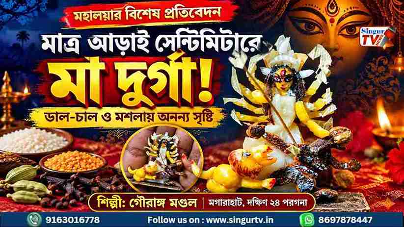 মগরাহাটের শিল্পী গৌরাঙ্গ মণ্ডলের আড়াই সেন্টিমিটারের দুর্গাপ্রতিমা